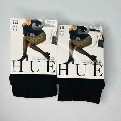 HUE Shaper Opaque Tights Solid Black Womens Size 1 Fits 2 Pairs New
